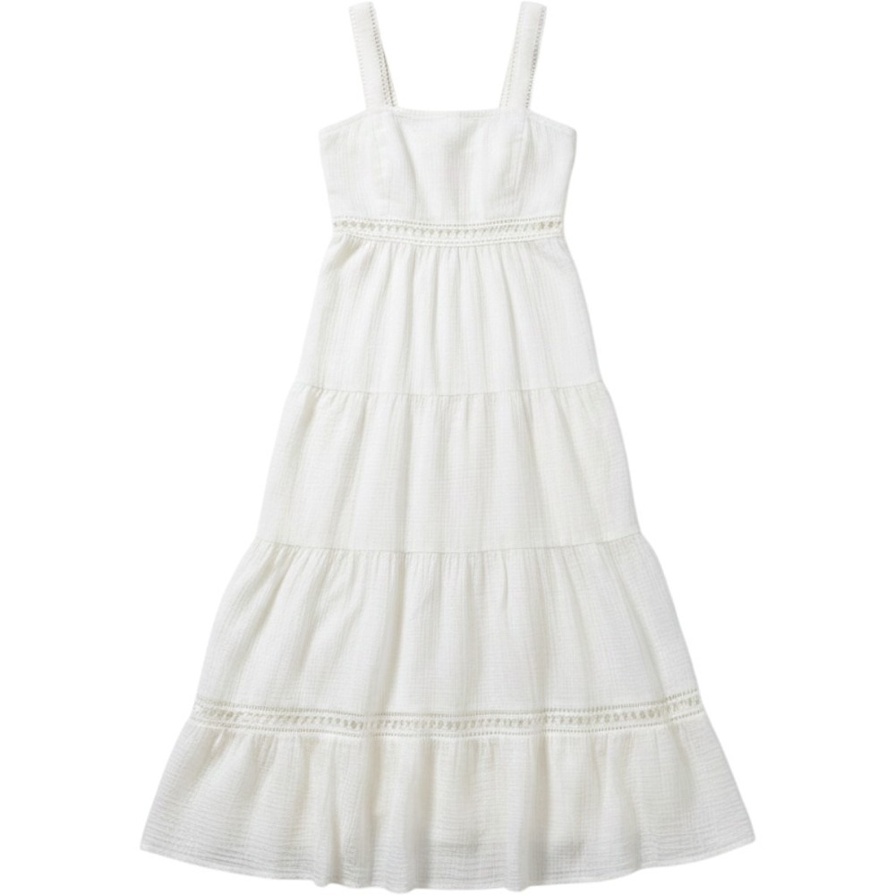 DKNY Jeans White Gauze Tiered Maxi Dress Crochet Lace Trim Smocked Back Medium